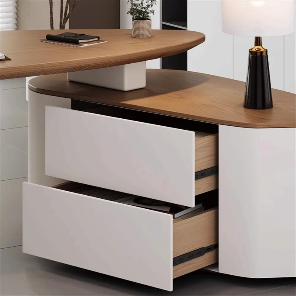 میز کامپیوتر، میز مدیریتی بزرگ نامنظم با کابینت جانبی، ایستگاه کاری مدرن تحریر از چوب درخت نارون (M)