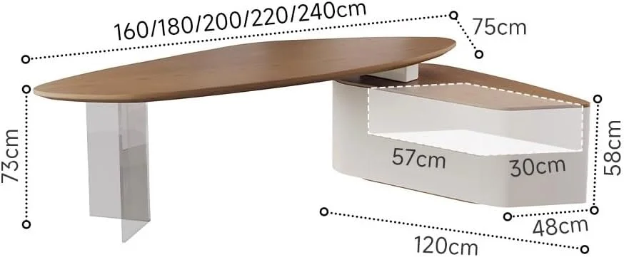 میز کامپیوتر، میز مدیریتی بزرگ نامنظم با کابینت جانبی، ایستگاه کاری مدرن تحریر از چوب درخت نارون (M)