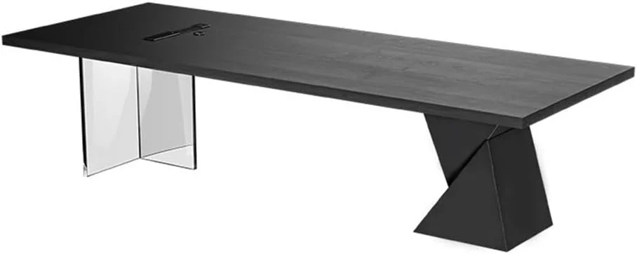 میز کامپیوتر، میز اداری مدرن بزرگ با پورت شارژ، میز تحریر پهن چوب درخت نارون پایه آکریلیک، مشکی (L)