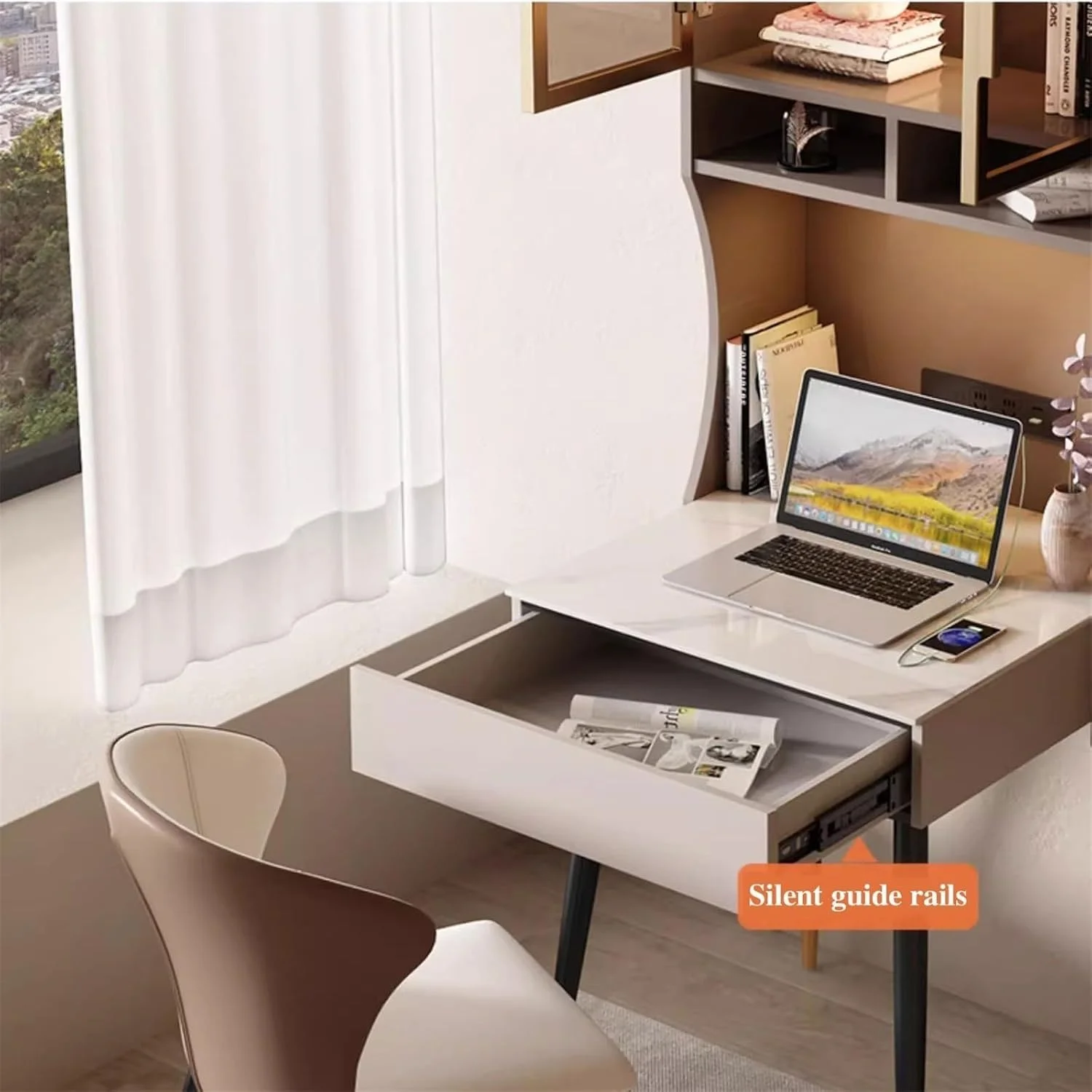 میز کامپیوتر، میز مطالعه مدرن با کابینت و کشو، میز لپ تاپ 24.8 اینچی با قفسه های ذخیره سازی و ایستگاه شارژ میز کامپیوتر، میز مطالعه مدرن با کابینت و کشو، میز لپ تاپ 24.8 اینچی با قفسه های ذخیره سازی و ایستگاه شارژ