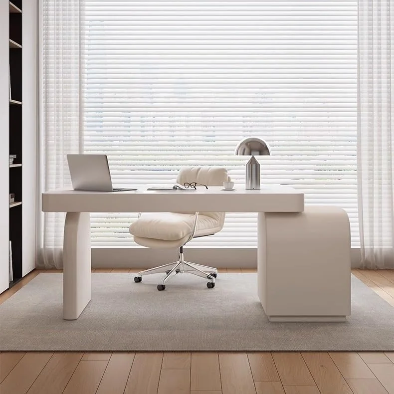 میز کامپیوتر چوبی محکم به رنگ سفید کرمی، میز تحریر مدرن با دو کشو و کمد قابل تنظیم (XL) میز کامپیوتر چوبی محکم به رنگ سفید کرمی، میز تحریر مدرن با دو کشو و کمد قابل تنظیم (XL)