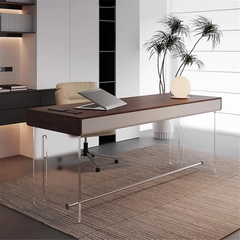 میز کامپیوتر، میز کار مدرن با فضای ذخیره سازی، میز کامپیوتر برای مطالعه و نوشتن، با پایه های اکریلیک ثابت، رنگ قهوه ای روستایی (M)