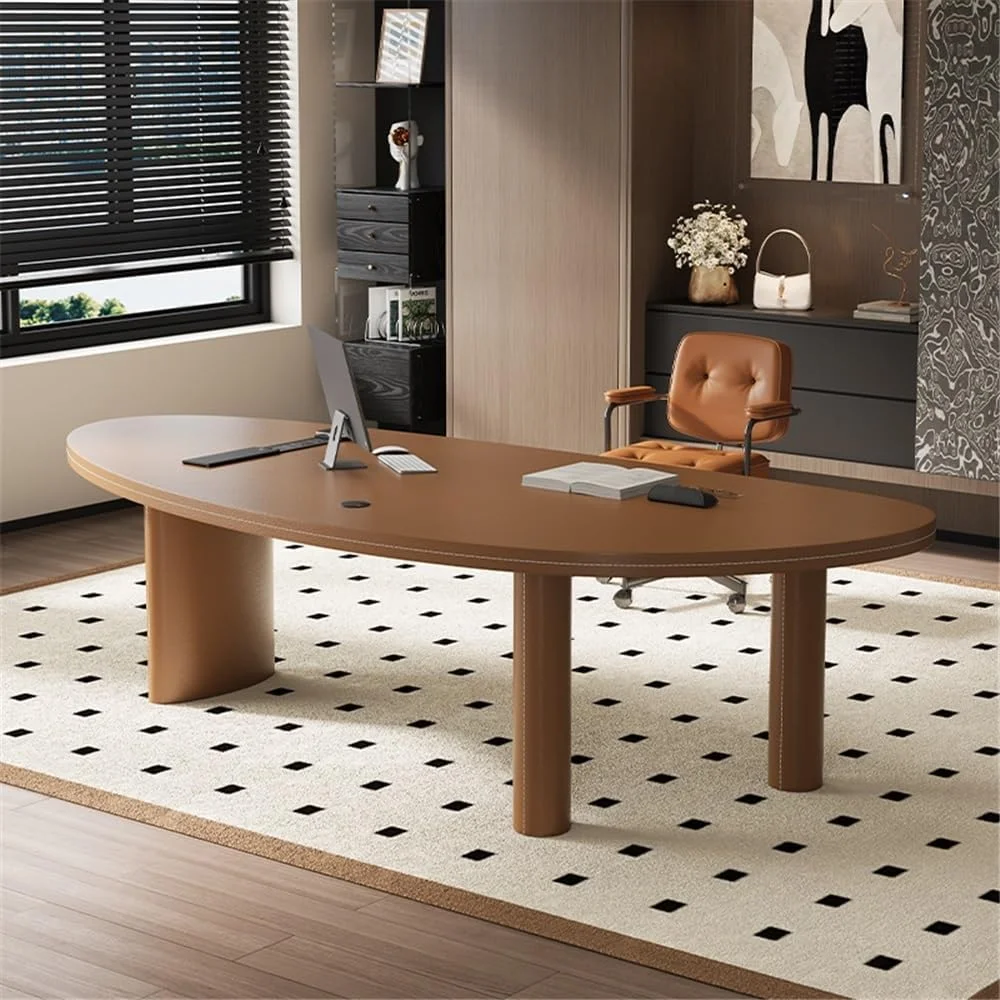 میز کامپیوتر، میز کار مدرن با روکش چرم قهوه ای، سطح میز طرح انبه، دارای ۳ پایه و پورت های شارژ چند منظوره (S) میز کامپیوتر، میز کار مدرن با روکش چرم قهوه ای، سطح میز طرح انبه، دارای ۳ پایه و پورت های شارژ چند منظوره (S)