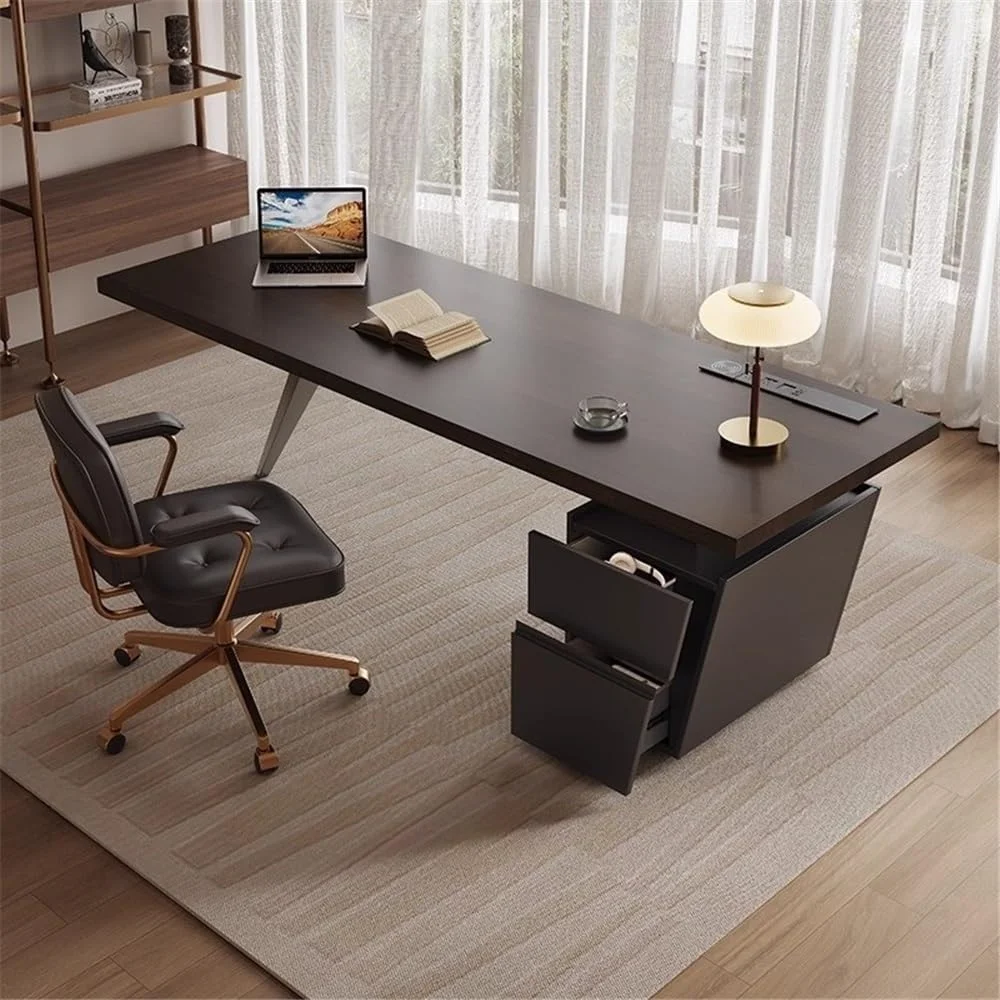 میز کامپیوتر مدرن و ساده با دو کشو، میز تحریر بادوام با پورت های برق و پورت های USB (L)