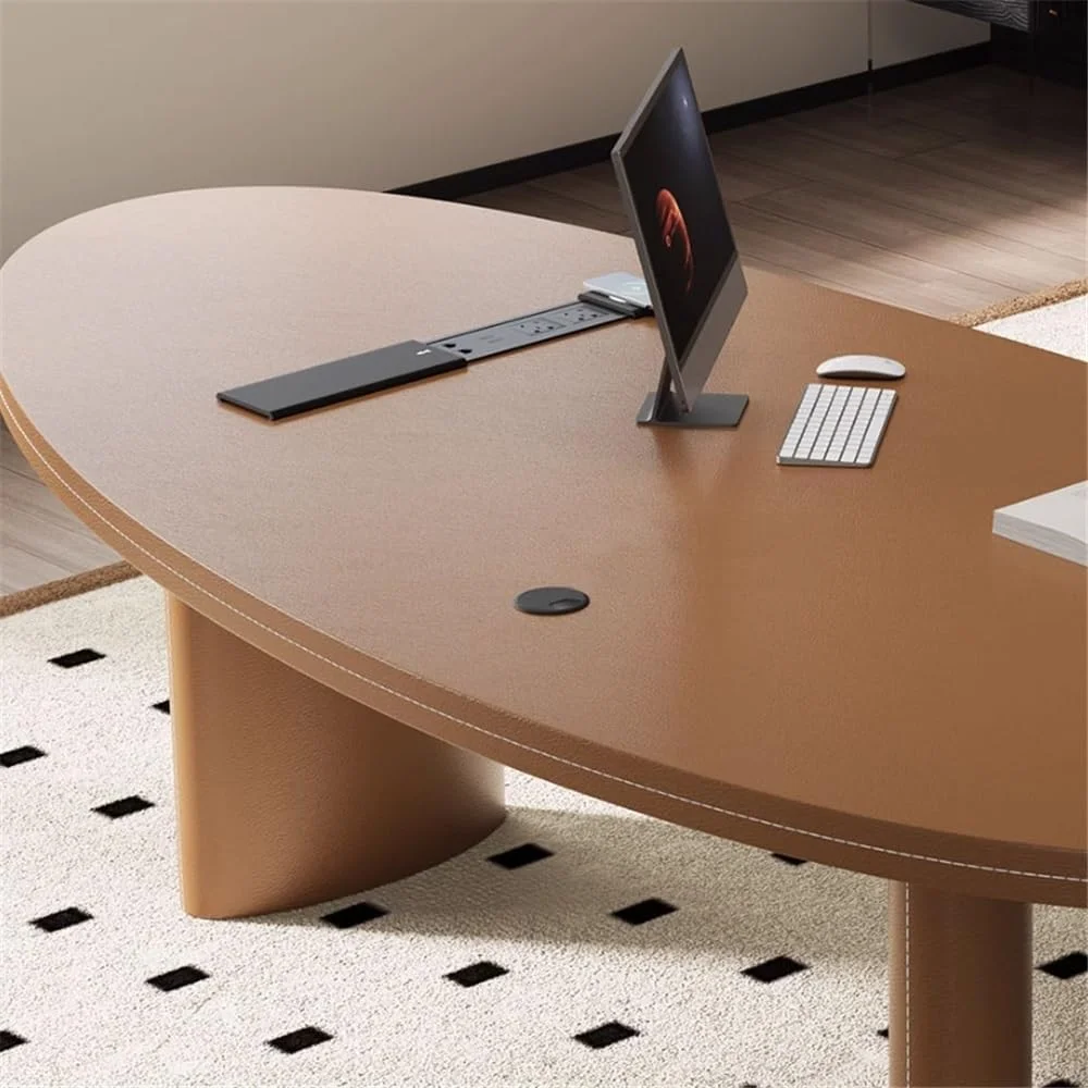 میز کامپیوتر، میز کار مدرن با روکش چرم قهوه ای، سطح میز طرح انبه، دارای ۳ پایه و پورت های شارژ چند منظوره (S) میز کامپیوتر، میز کار مدرن با روکش چرم قهوه ای، سطح میز طرح انبه، دارای ۳ پایه و پورت های شارژ چند منظوره (S)