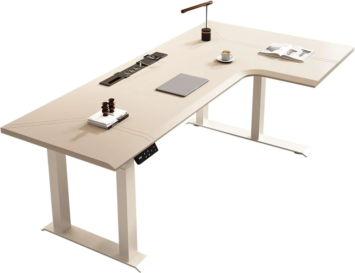 میز کامپیوتر برقی ایستاده L شکل با پورت شارژ، میز اداری خانگی گوشه ای با قابلیت تنظیم ارتفاع و رویه چرمی (L)
