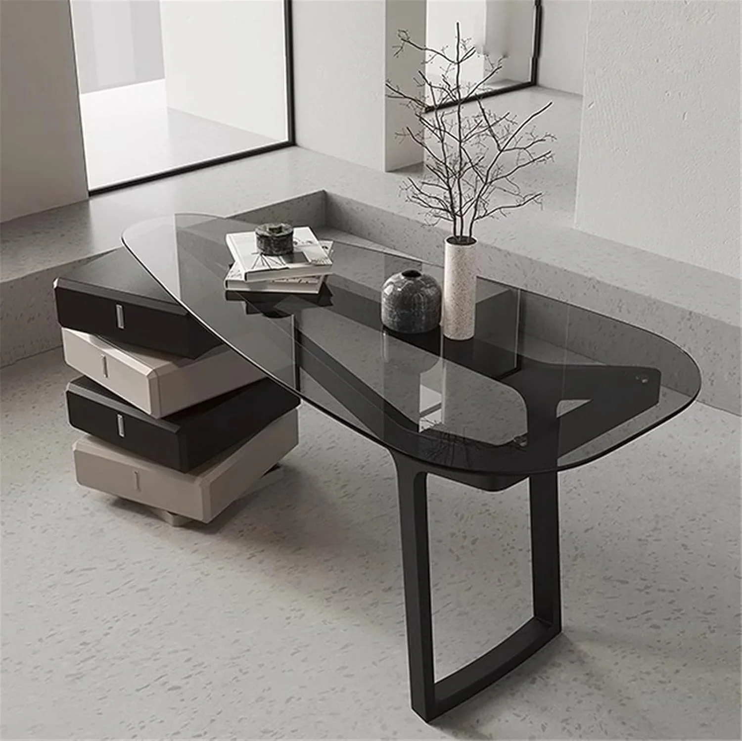 میز کامپیوتر، میز تحریر مدرن با فضای ذخیره سازی، میز آرایش شیشه ای و میز تحریر دودی با کشو چرخان (L) میز کامپیوتر، میز تحریر مدرن با فضای ذخیره سازی، میز آرایش شیشه ای و میز تحریر دودی با کشو چرخان (L)