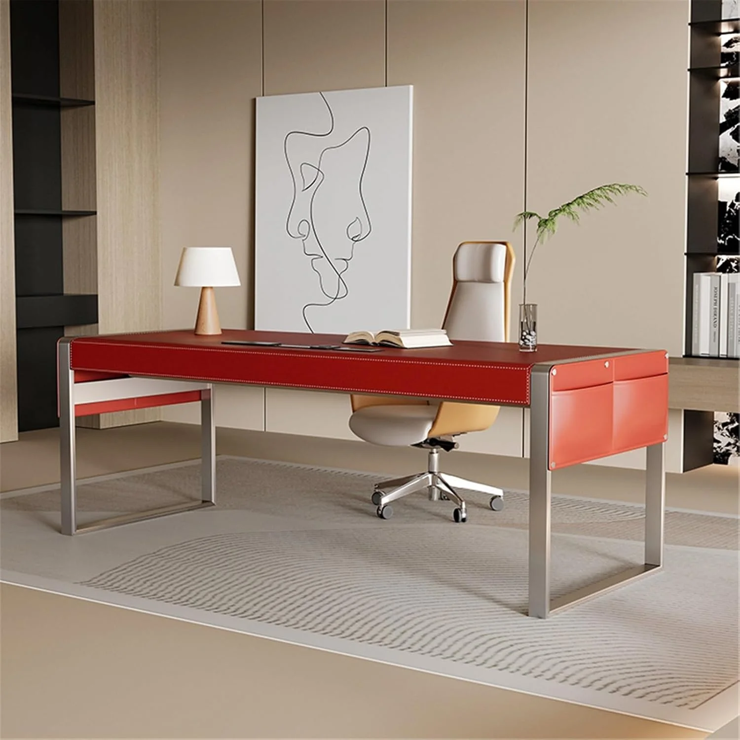 میز کامپیوتر، میز کار خانگی مدرن و ساده با رویه چرمی قرمز، قاب فلزی محکم و پورت های شارژ (L)