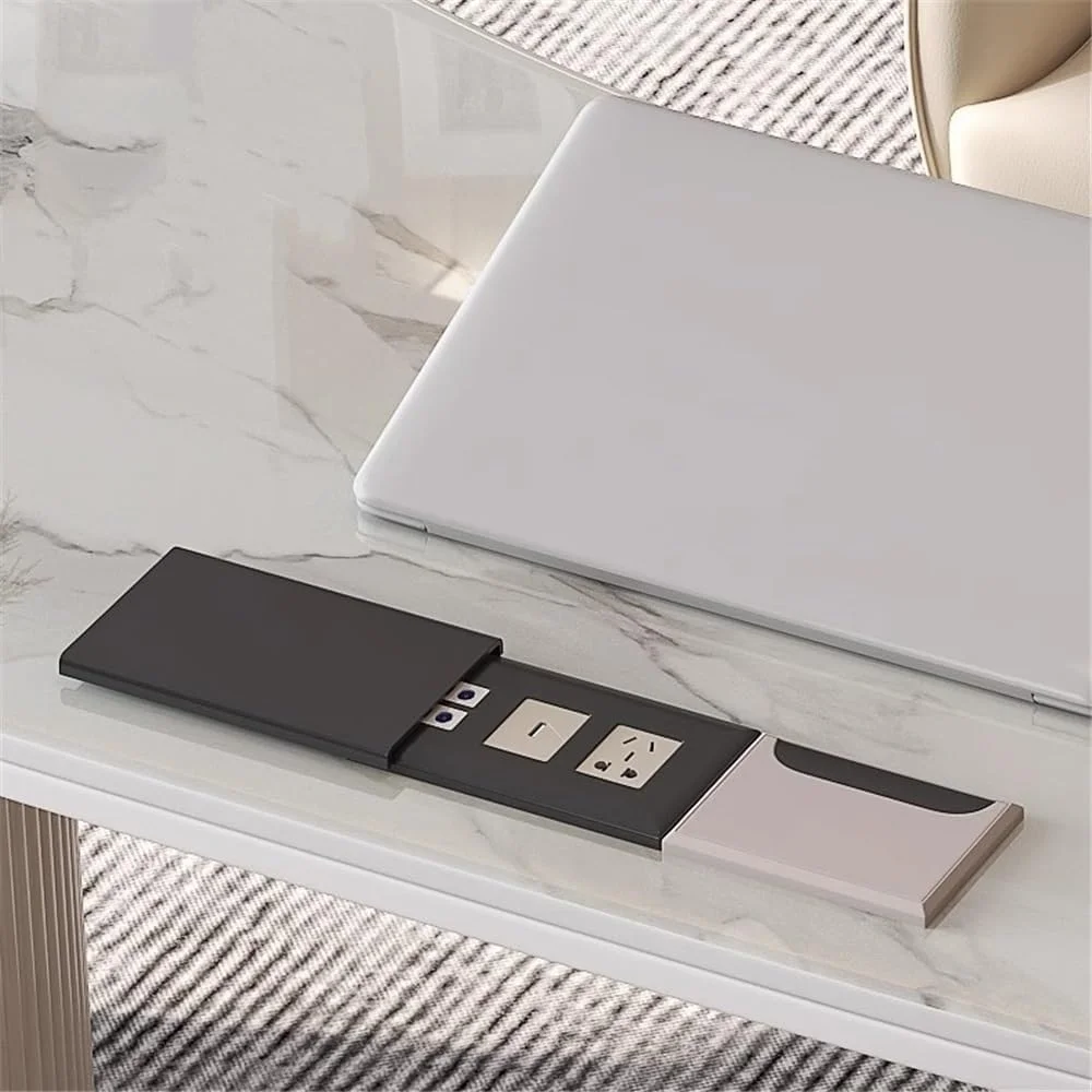 میز کامپیوتر، میز اداری مدرن و شیک منحنی با رویه سنگ و کابینت ذخیره سازی و پورت های USB