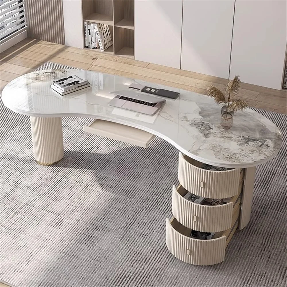 میز کامپیوتر، میز اداری مدرن و شیک منحنی با رویه سنگ و کابینت ذخیره سازی و پورت های USB