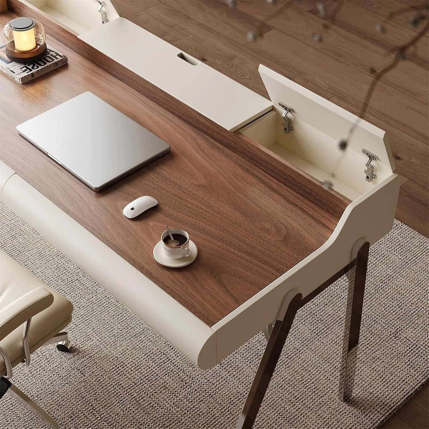 میز کامپیوتر، میز کار مدرن با فضای ذخیره سازی، قاب فلزی ثابت و صفحه چوبی گردو با پورت های شارژ داخلی (M) میز کامپیوتر، میز کار مدرن با فضای ذخیره سازی، قاب فلزی ثابت و صفحه چوبی گردو با پورت های شارژ داخلی (M)