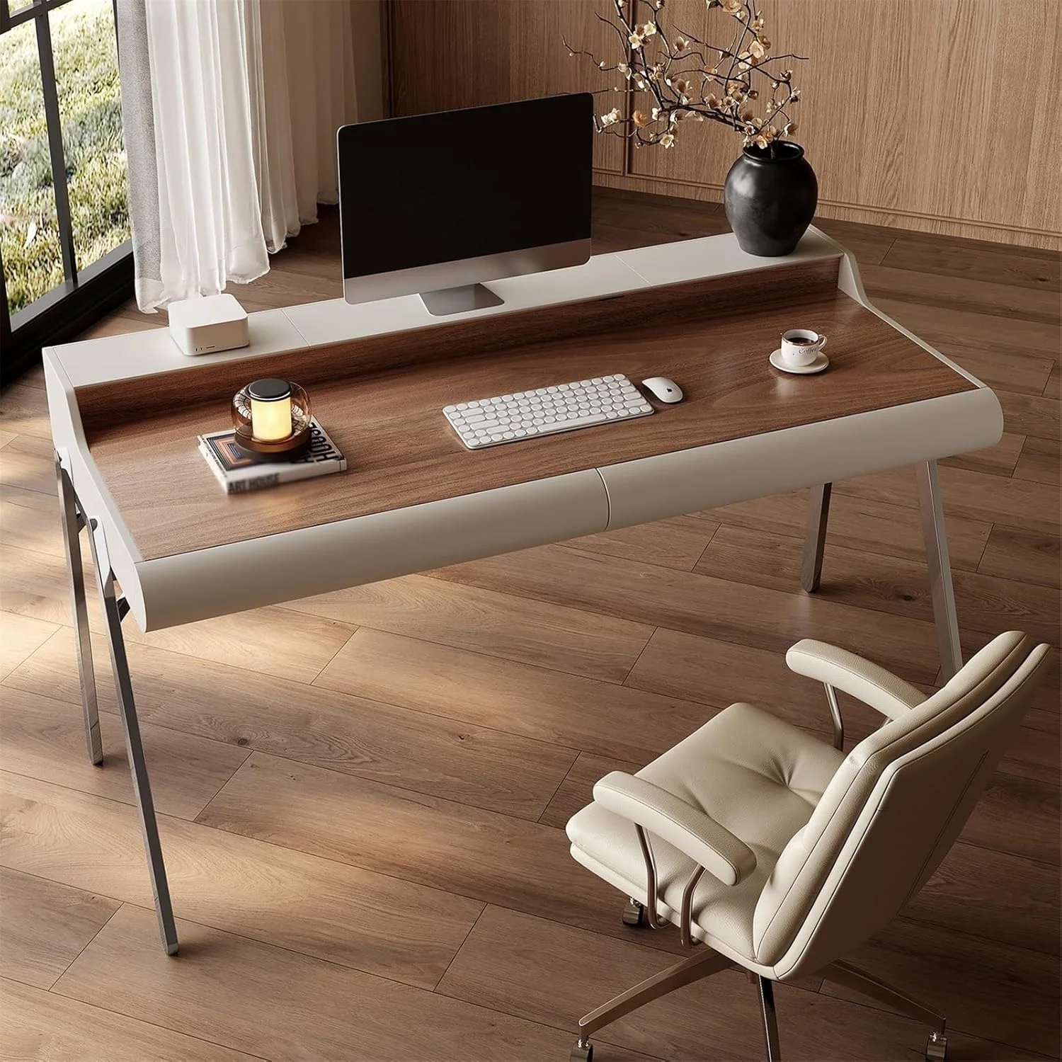 میز کامپیوتر، میز کار مدرن با فضای ذخیره سازی، قاب فلزی ثابت و میز چوبی گردویی با پورت های شارژ داخلی (M)