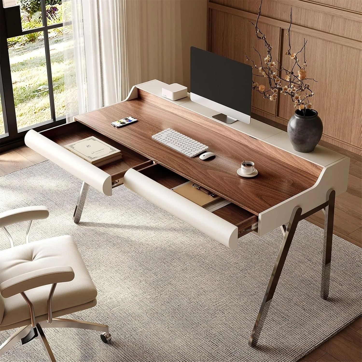 میز کامپیوتر، میز کار مدرن با فضای ذخیره سازی، قاب فلزی ثابت و میز چوبی گردویی با پورت های شارژ داخلی (M)