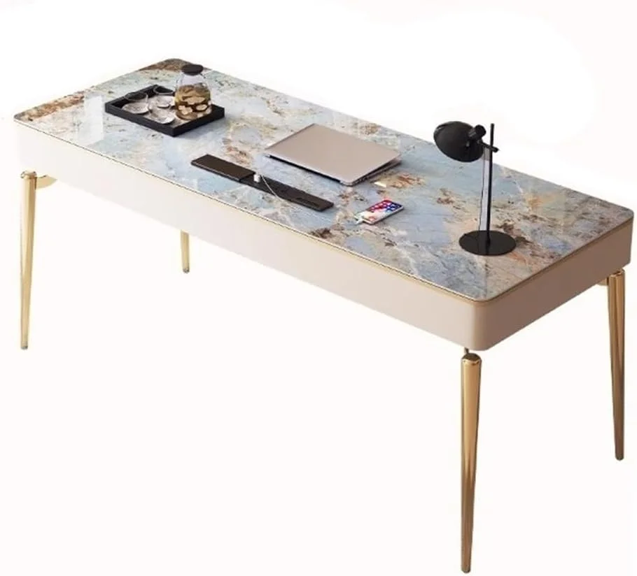 میز کامپیوتر، میز خانگی با دو کشو و پورت شارژ، میز تحریر مدرن با روکش سنگ و قاب فلزی طلایی (M) میز کامپیوتر، میز خانگی با دو کشو و پورت شارژ، میز تحریر مدرن با روکش سنگ و قاب فلزی طلایی (M)