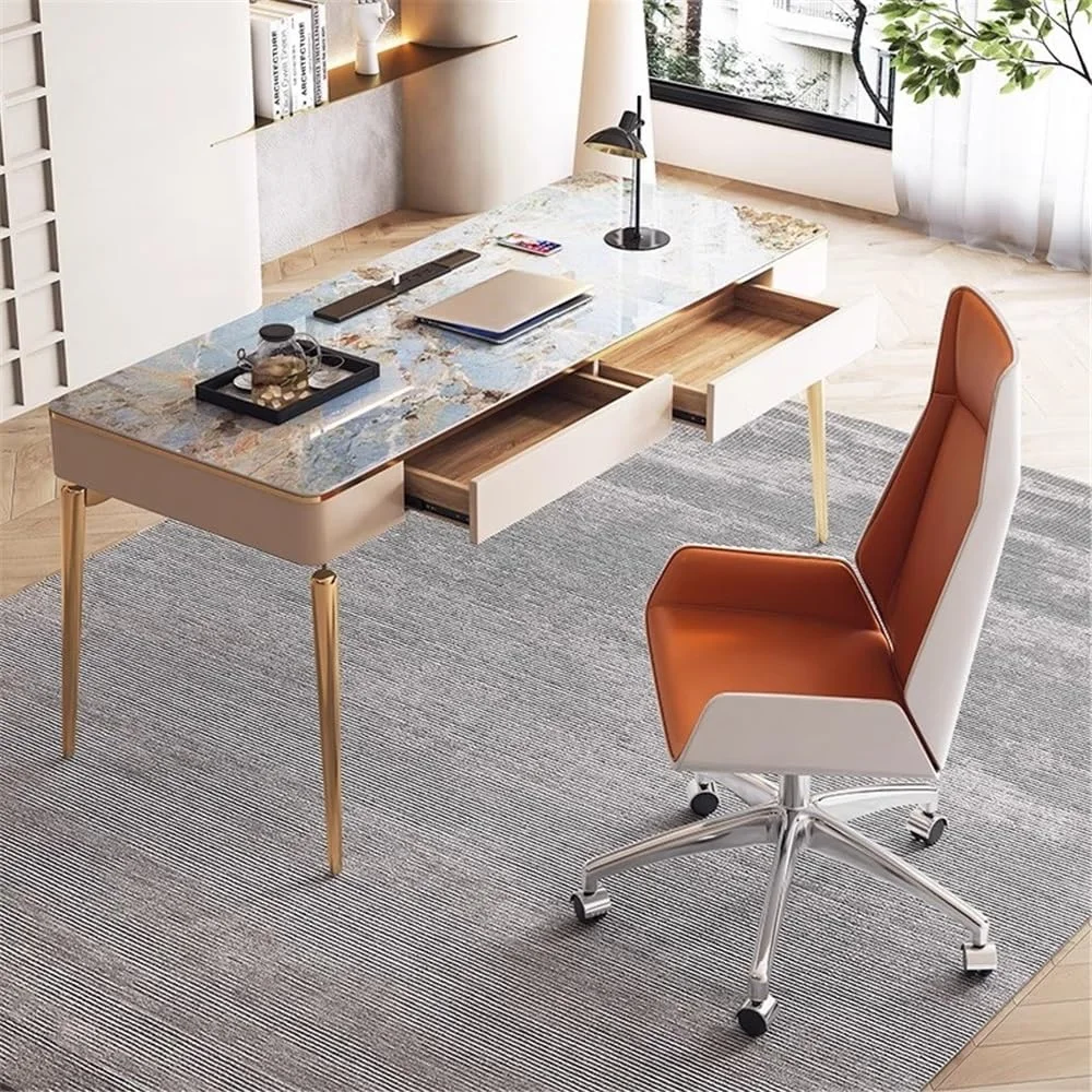 میز کامپیوتر، میز خانگی با دو کشو و پورت شارژ، میز تحریر مدرن با صفحه روکش سنگ و قاب فلزی طلایی (M) میز کامپیوتر، میز خانگی با دو کشو و پورت شارژ، میز تحریر مدرن با صفحه روکش سنگ و قاب فلزی طلایی (M)