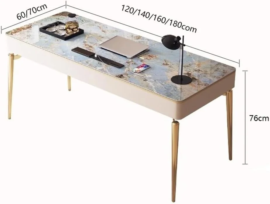 میز کامپیوتر، میز خانگی با دو کشو و پورت شارژ، میز تحریر مدرن با روکش سنگ و قاب فلزی طلایی (M) میز کامپیوتر، میز خانگی با دو کشو و پورت شارژ، میز تحریر مدرن با روکش سنگ و قاب فلزی طلایی (M)