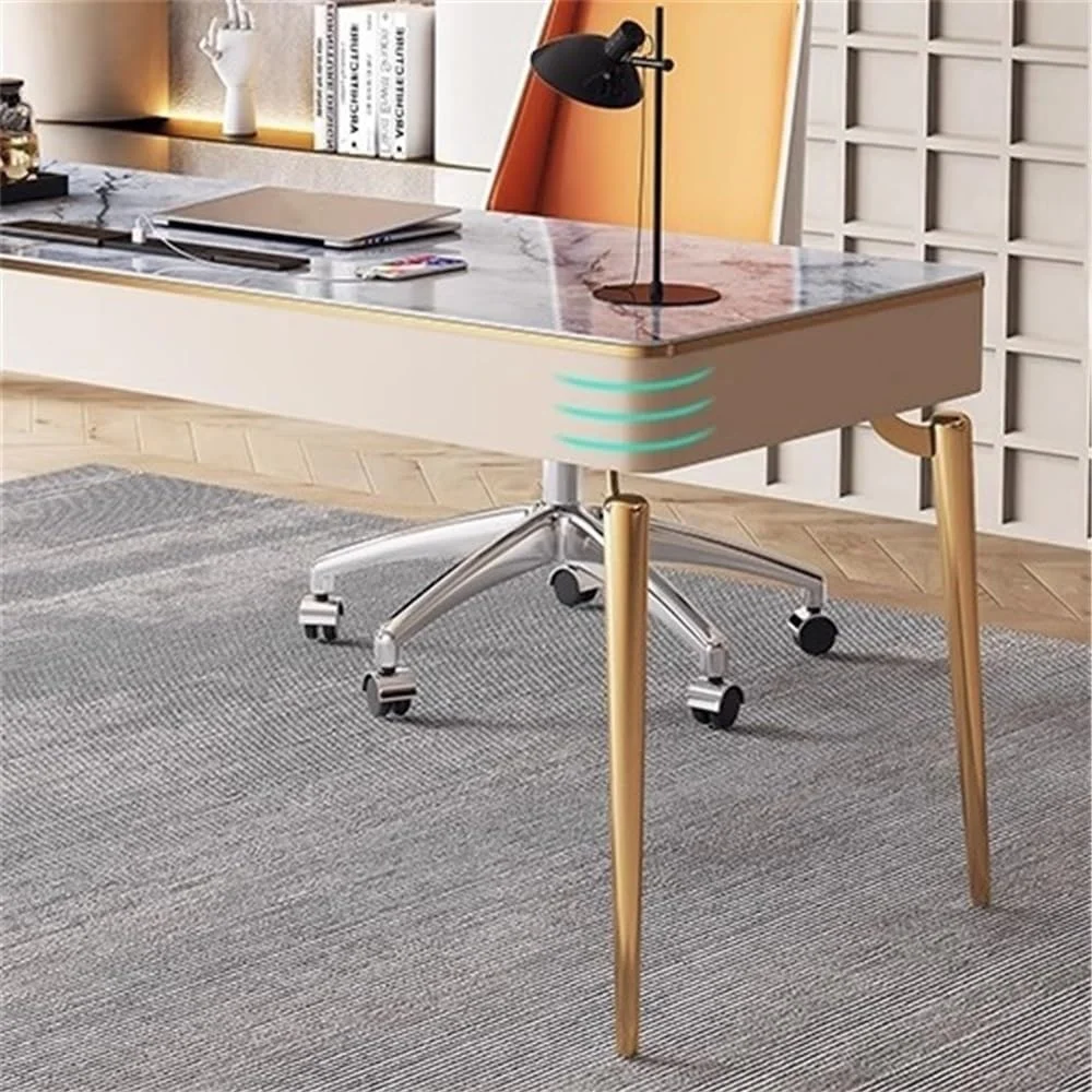 میز کامپیوتر، میز خانگی با دو کشو و پورت شارژ، میز تحریر مدرن با صفحه روکش سنگ و قاب فلزی طلایی (M) میز کامپیوتر، میز خانگی با دو کشو و پورت شارژ، میز تحریر مدرن با صفحه روکش سنگ و قاب فلزی طلایی (M)