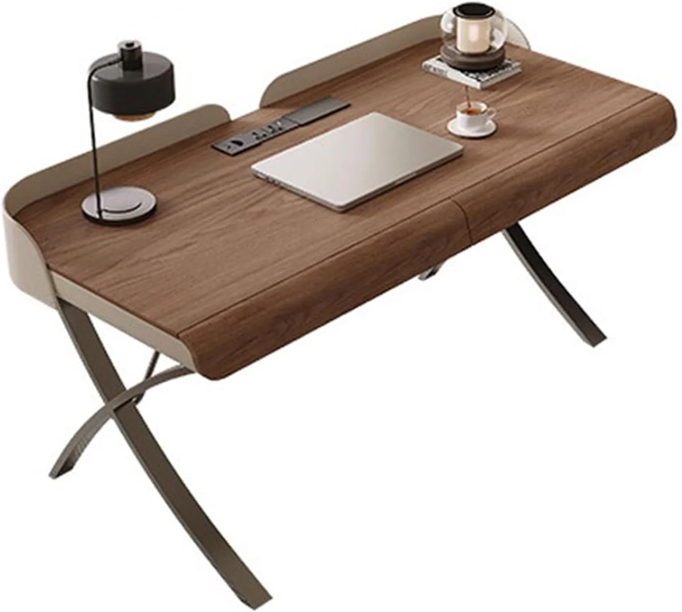 میز کامپیوتر، میز کار مدرن با روکش چوب گردو، پایه های فلزی X شکل و کشو، ایستگاه کاری میز کامپیوتر با پورت های شارژ (M) میز کامپیوتر، میز کار مدرن با روکش چوب گردو، پایه های فلزی X شکل و کشو، ایستگاه کاری میز کامپیوتر با پورت های شارژ (M)