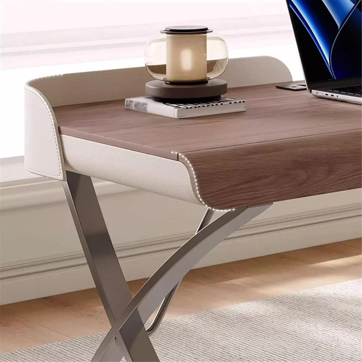 میز کامپیوتر، میز کار مدرن با روکش چوب گردو، پایه های فلزی X شکل و کشو، ایستگاه کاری میز کامپیوتر با پورت های شارژ (M) میز کامپیوتر، میز کار مدرن با روکش چوب گردو، پایه های فلزی X شکل و کشو، ایستگاه کاری میز کامپیوتر با پورت های شارژ (M)