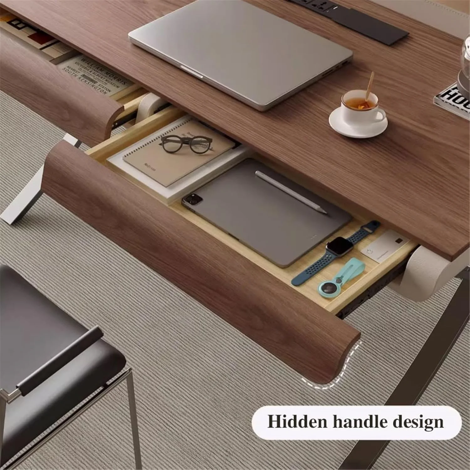 میز کامپیوتر، میز کار مدرن با روکش چوب گردو، پایه های فلزی X شکل و کشو، ایستگاه کاری میز کامپیوتر با پورت های شارژ (M)