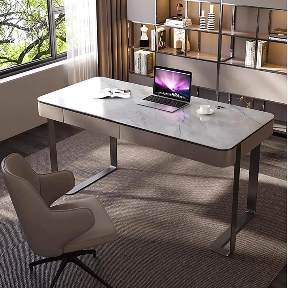 میز کامپیوتر، میز مطالعه و نوشتن مدرن و ساده با کشو و پورت شارژ، میز خانگی با سطح تخته سنگ و قاب فولادی (S) میز کامپیوتر، میز مطالعه و نوشتن مدرن و ساده با کشو و پورت شارژ، میز خانگی با سطح تخته سنگ و قاب فولادی (S)