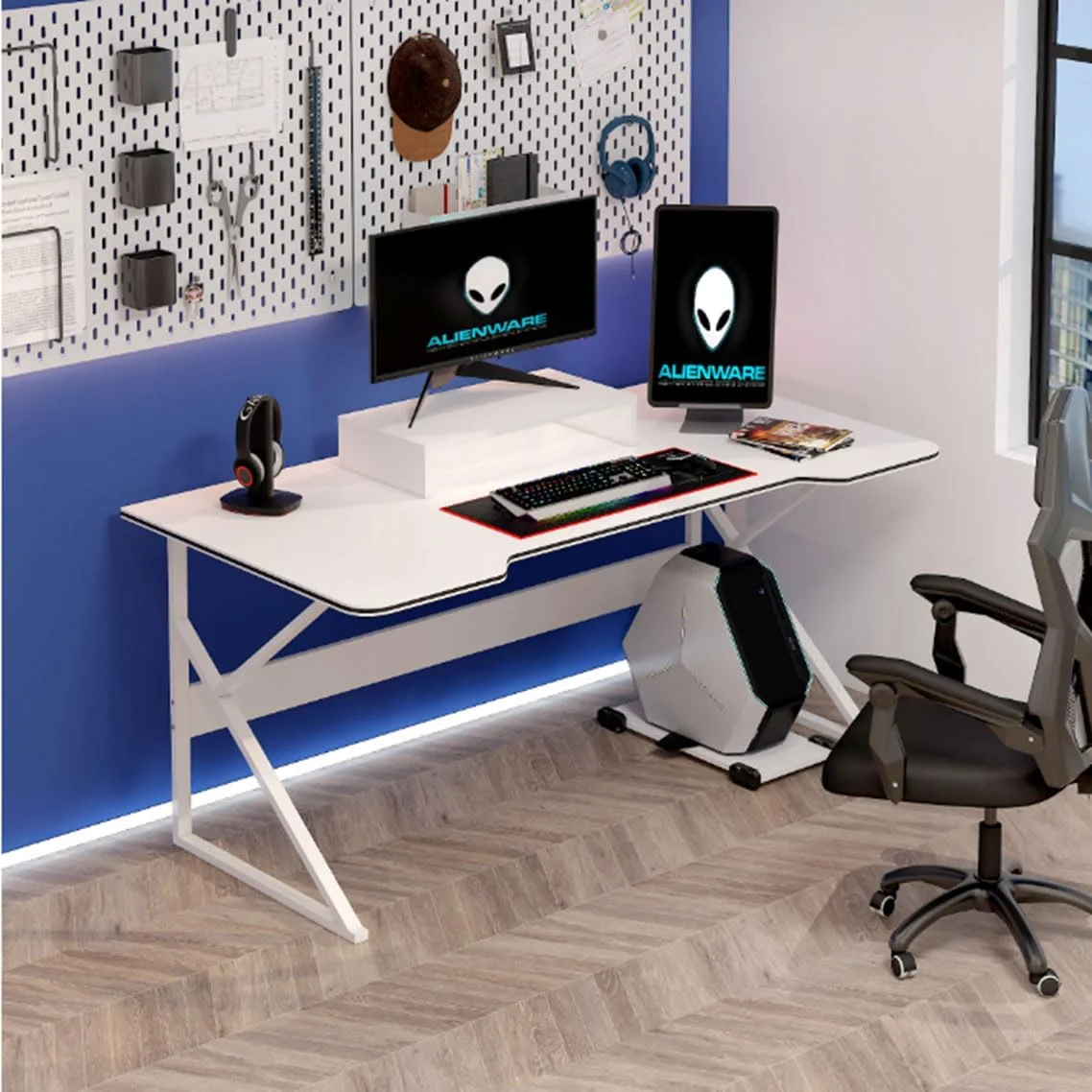 میز کامپیوتر گیمینگ سفید با پایه مانیتور و قفسه کیس، میز بزرگ لپ تاپ با پایه های فولادی، میز کار ارگونومیک مناسب مطالعه و کار برای کودکان و بزرگسالان میز کامپیوتر گیمینگ سفید با پایه مانیتور و قفسه کیس، میز بزرگ لپ تاپ با پایه های فولادی، میز کار ارگونومیک مناسب مطالعه و کار برای کودکان و بزرگسالان