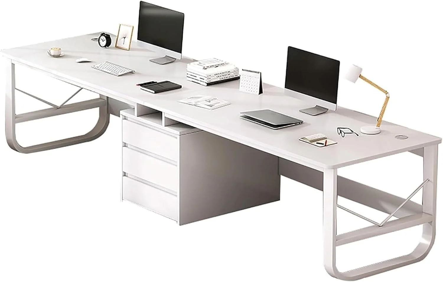 میز کامپیوتر 200 سانتی متری با کشو، میز مطالعه دو نفره با قفسه و فضای ذخیره سازی، برای اتاق خواب، چوبی (سفید) میز کامپیوتر 200 سانتی متری با کشو، میز مطالعه دو نفره با قفسه و فضای ذخیره سازی، برای اتاق خواب، چوبی (سفید)