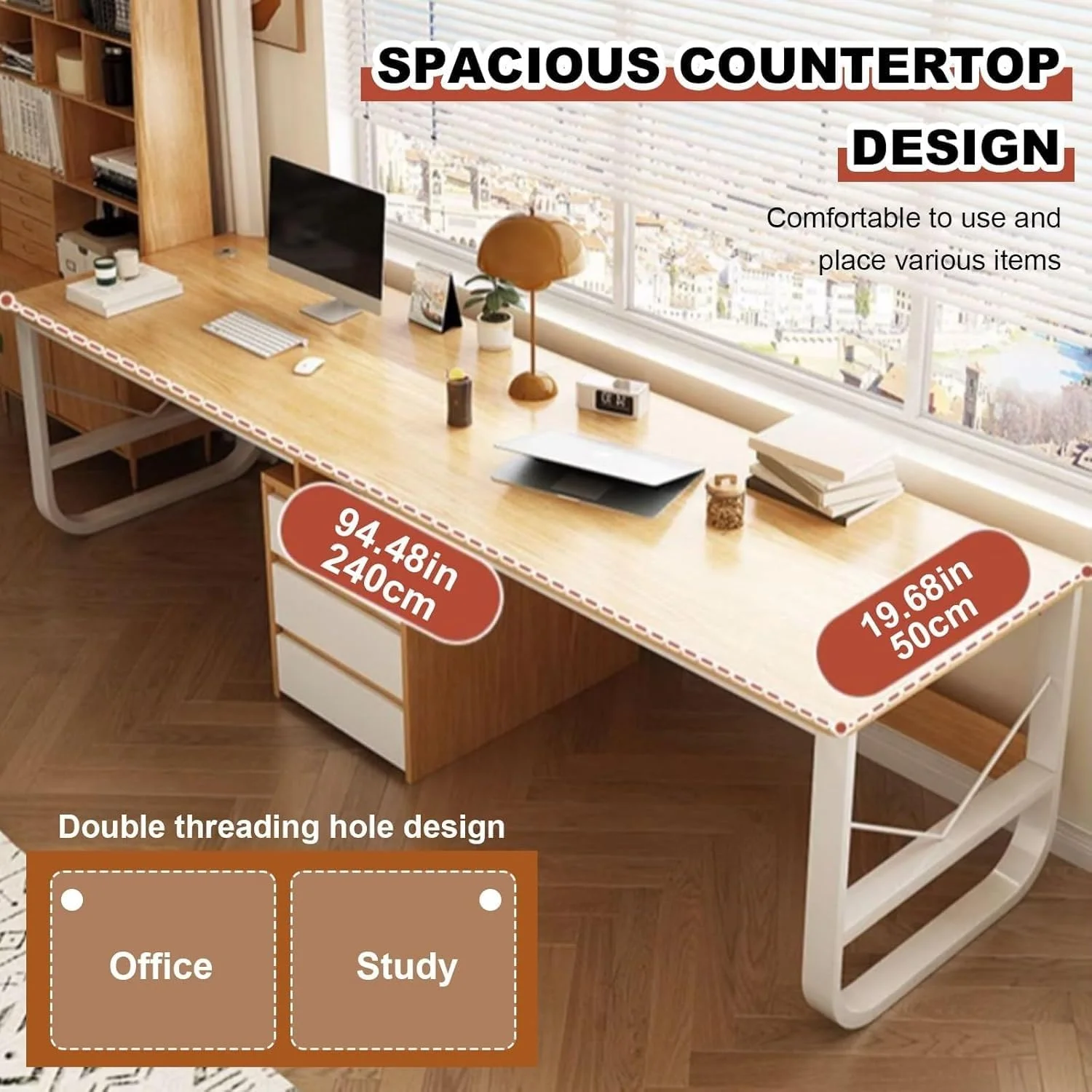 میز کامپیوتر 200 سانتی متری با کشو، میز مطالعه دو نفره با قفسه و فضای ذخیره سازی، برای اتاق خواب، چوبی (سفید) میز کامپیوتر 200 سانتی متری با کشو، میز مطالعه دو نفره با قفسه و فضای ذخیره سازی، برای اتاق خواب، چوبی (سفید)