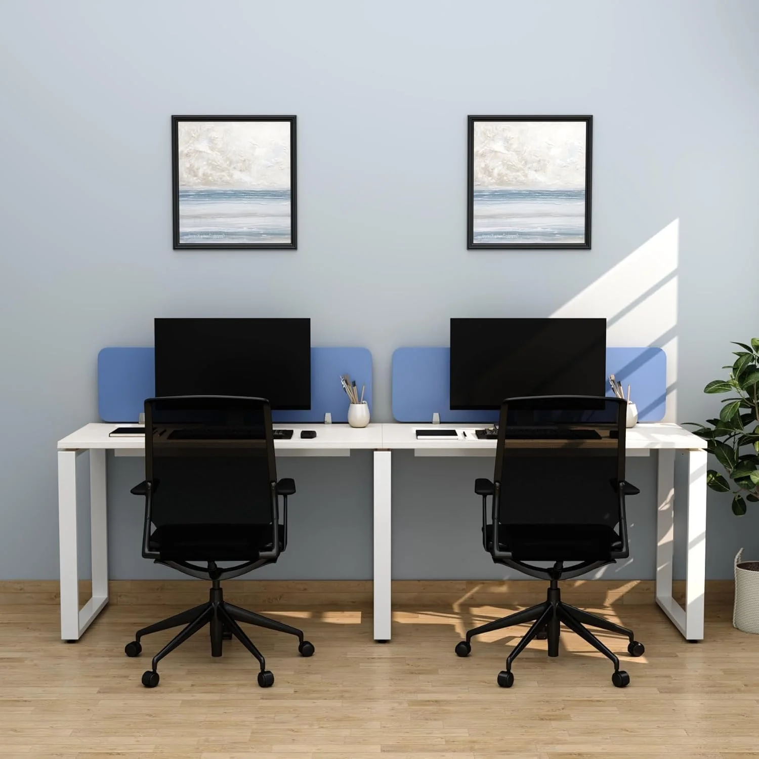 ایستگاه کاری دو نفره با نگهدارنده پارتیشن | میز کامپیوتر فلزی با رویه چوبی و قاب فولادی | میز کار برای دفتر و مدرسه (سفید، 60D x 240W x 75H CM) - بسته بندی شده