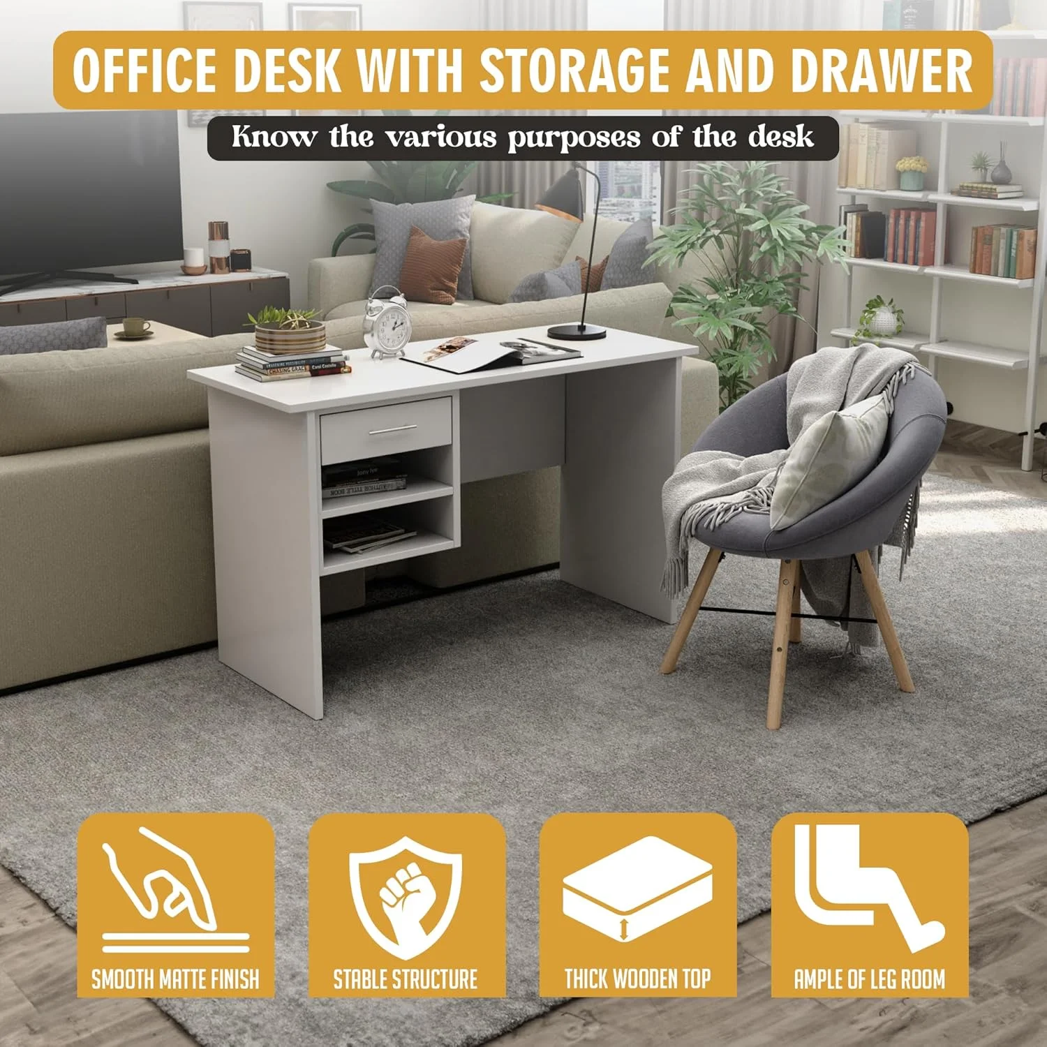 میز کامپیوتر چوبی محکم با ۱ کشو و ۲ قفسه ذخیره سازی | ایستگاه کاری مدرن اداری با فضای پا | میز مطالعه بادوام برای خانه، اتاق نشیمن و دفتر کار (سفید، ۶۰D x ۱۲۰W x ۷۵H CM) - وضعیت KD میز کامپیوتر چوبی محکم با ۱ کشو و ۲ قفسه ذخیره سازی | ایستگاه کاری مدرن اداری با فضای پا | میز مطالعه بادوام برای خانه، اتاق نشیمن و دفتر کار (سفید، ۶۰D x ۱۲۰W x ۷۵H CM) - وضعیت KD