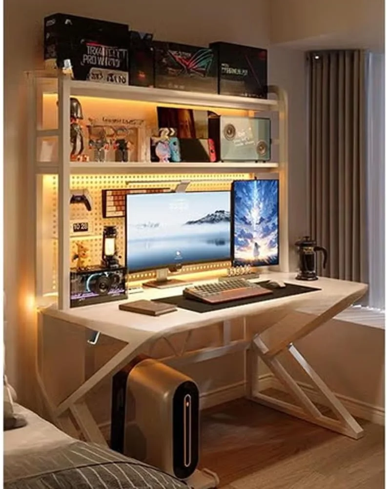 میز کامپیوتر با قفسه برای بهره وری سازمان یافته، قاب سفید با صفحه سوراخ دار، ارتفاع معمولی 170 سانتی متر، عرض 60 سانتی متر، طول 80 سانتی متر