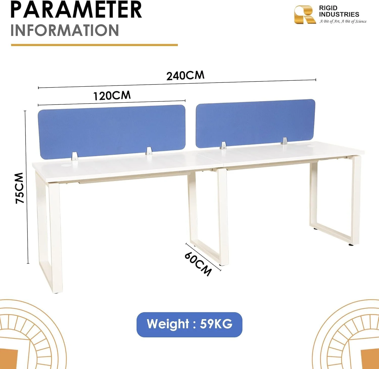 ایستگاه کاری دو نفره با نگهدارنده پارتیشن | میز کامپیوتر فلزی با رویه چوبی و قاب فولادی | میز کار برای دفتر و مدرسه (سفید، 60D x 240W x 75H CM) - بسته بندی شده