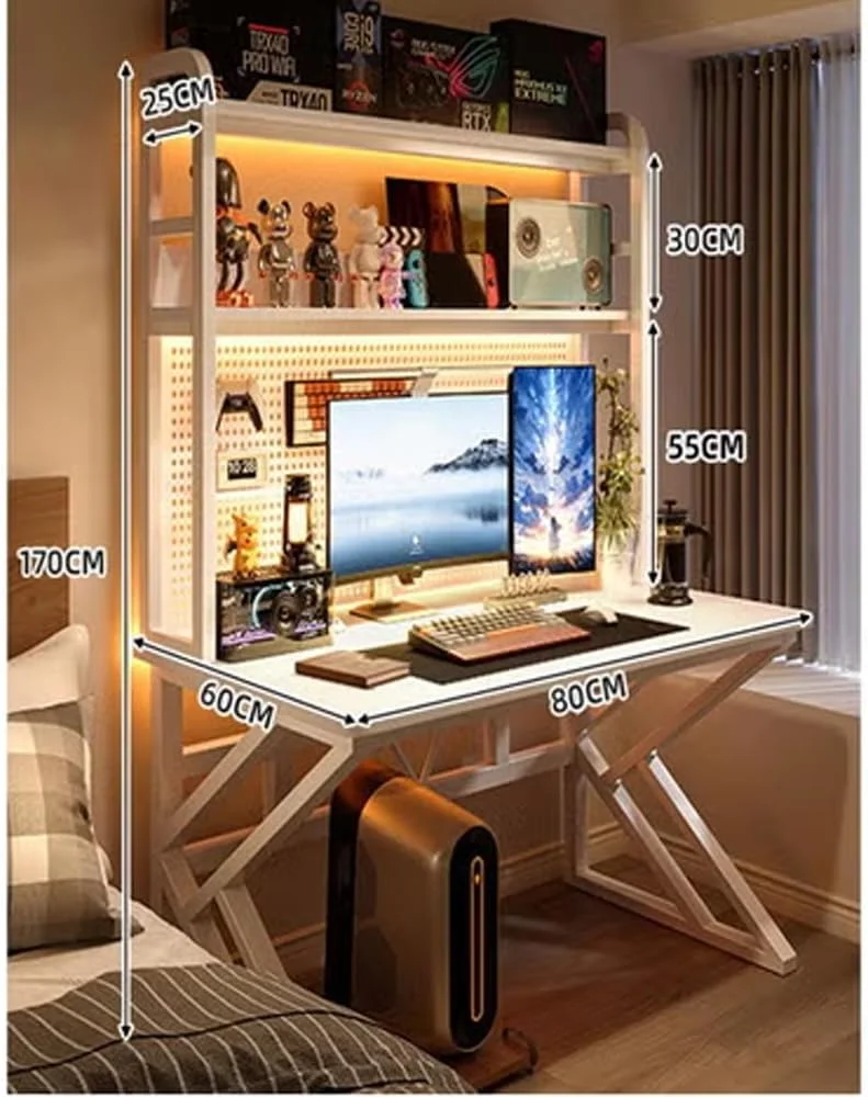 میز کامپیوتر با قفسه برای بهره وری سازمان یافته، قاب سفید با صفحه سوراخ دار، ارتفاع معمولی 170 سانتی متر، عرض 60 سانتی متر، طول 80 سانتی متر