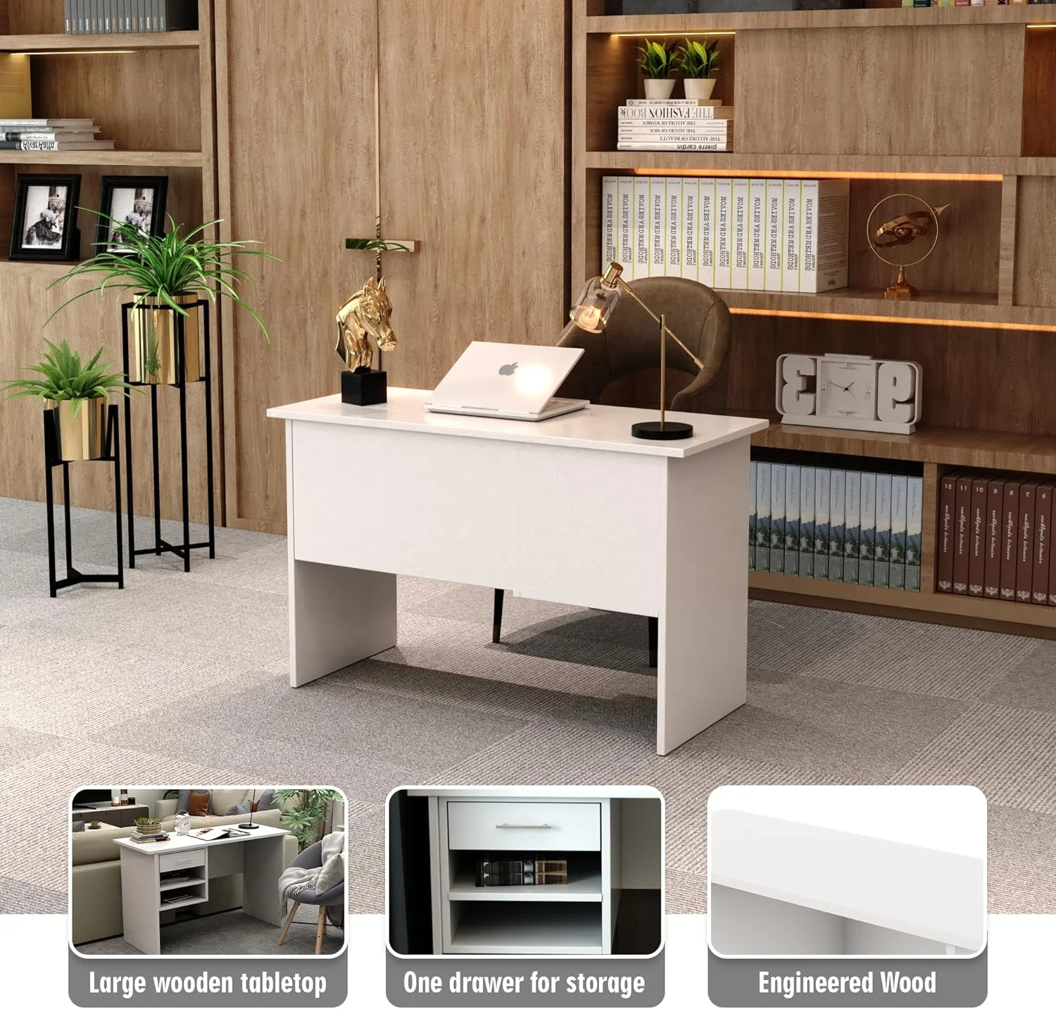 میز کامپیوتر چوبی محکم با ۱ کشو و ۲ قفسه ذخیره سازی | ایستگاه کاری مدرن اداری با فضای پا | میز مطالعه بادوام برای خانه، اتاق نشیمن و دفتر کار (سفید، ۶۰D x ۱۲۰W x ۷۵H CM) - وضعیت KD میز کامپیوتر چوبی محکم با ۱ کشو و ۲ قفسه ذخیره سازی | ایستگاه کاری مدرن اداری با فضای پا | میز مطالعه بادوام برای خانه، اتاق نشیمن و دفتر کار (سفید، ۶۰D x ۱۲۰W x ۷۵H CM) - وضعیت KD