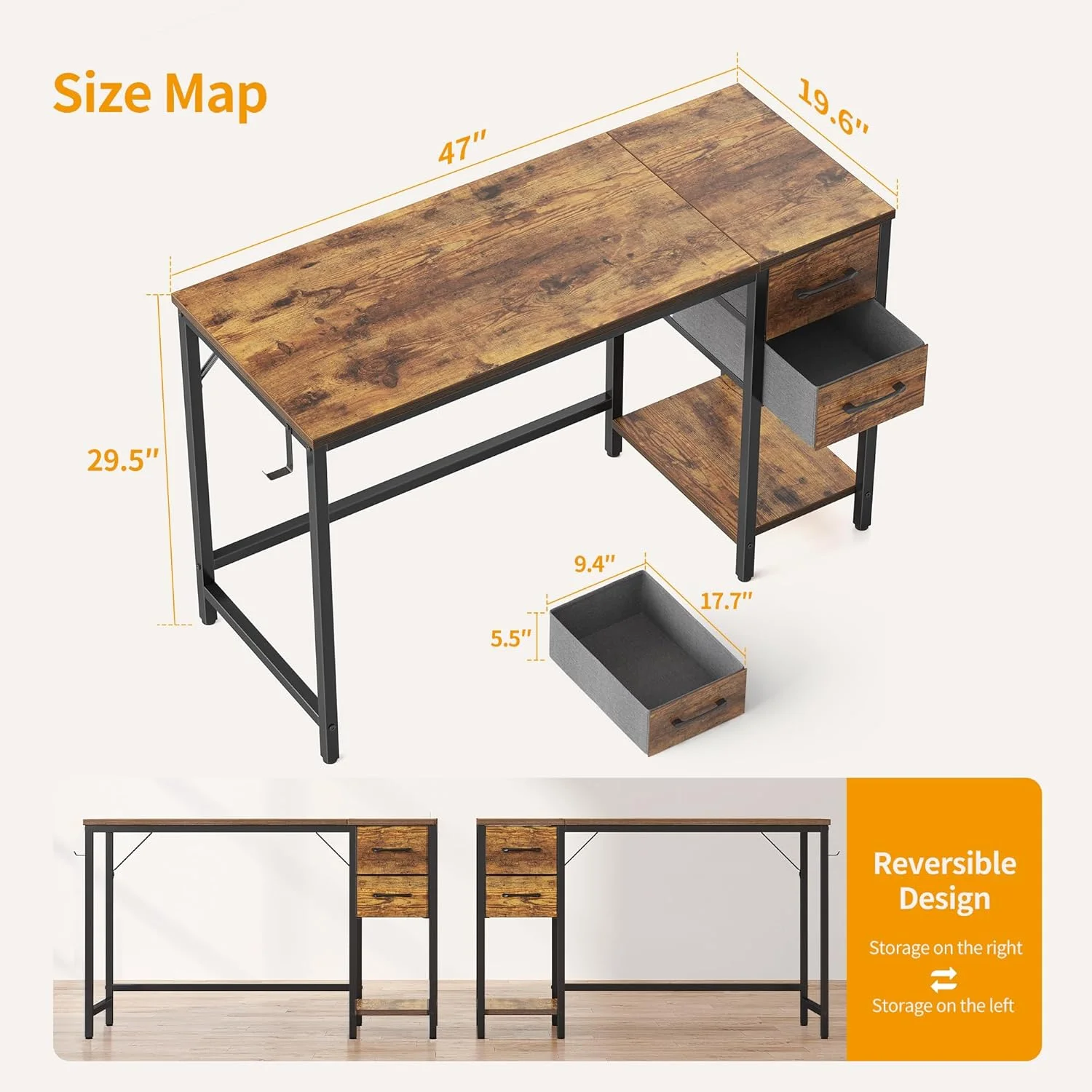میز کامپیوتر اداری خانگی CubiCubi با 2 کشو، میز تحریر کوچک 47 اینچی، میز کامپیوتر مدرن ساده، قهوه ای میز کامپیوتر اداری خانگی CubiCubi با 2 کشو، میز تحریر کوچک 47 اینچی، میز کامپیوتر مدرن ساده، قهوه ای