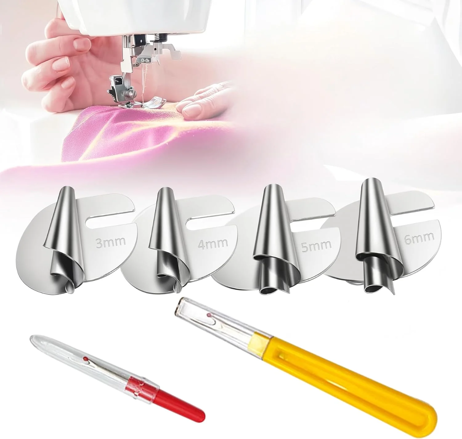 مجموعه 4 عددی لوازم جانبی خیاطی شامل پایه لب تو دوز چرخ خیاطی ساخته شده از استیل ضد زنگ در 4 سایز (3 تا 6 میلی متر). محتویات شامل بشکاف