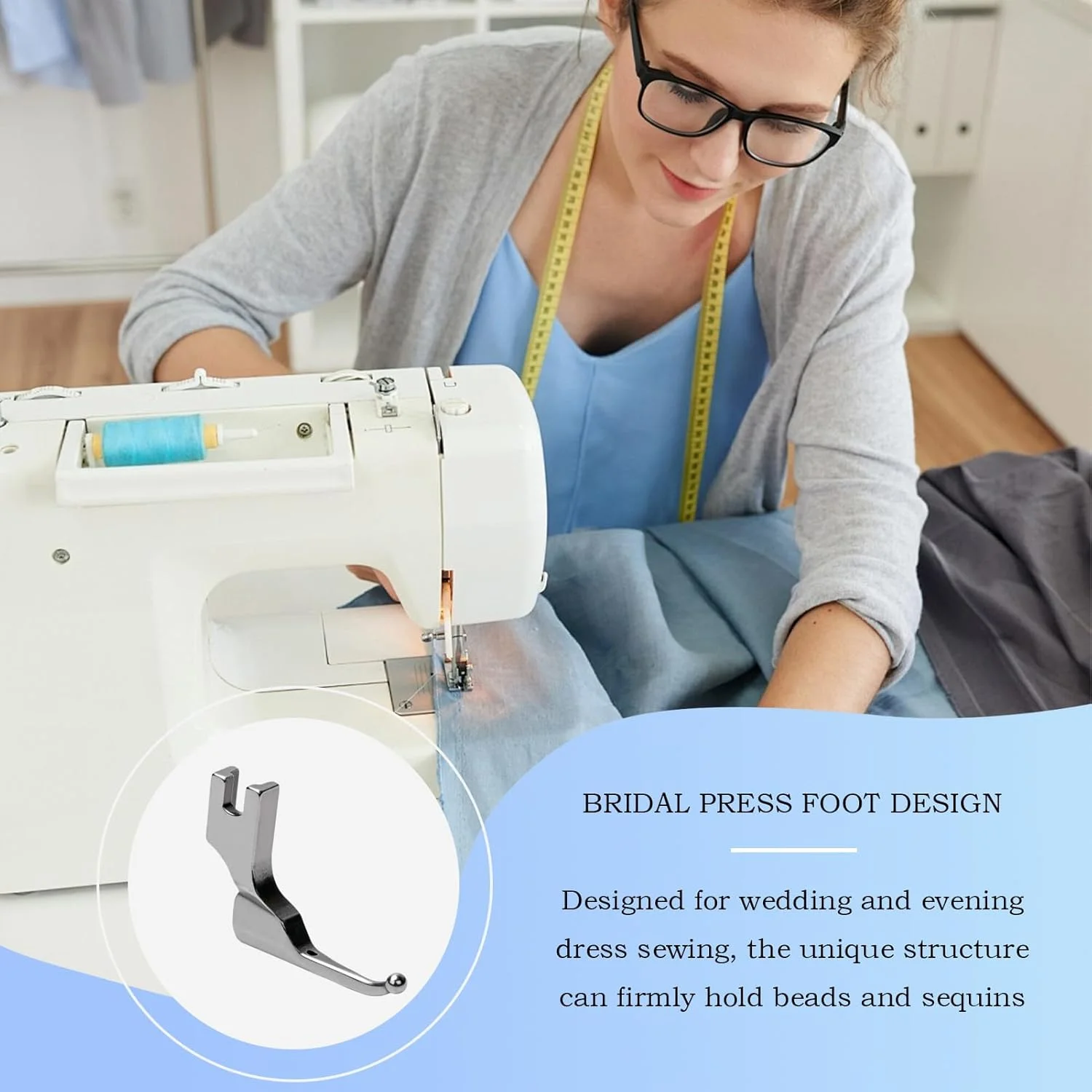 پایه چرخ خیاطی | پایه فشاری مهره پولکی - طراحی بدون ضربه مهره، تکنولوژی ضد فر خوردگی، لوازم جانبی چرخ خیاطی برای لباس شب، پولک، پارچه های مد توری