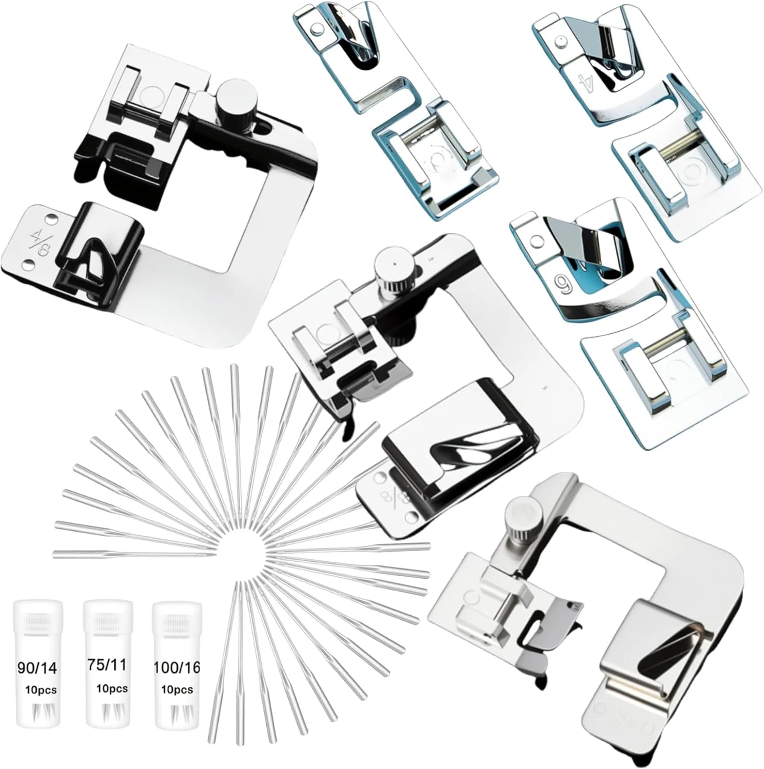 ست پایه لب تو (Hem) چرخ خیاطی، 3 عدد پایه باریک لب تو و 3 عدد پایه پهن به همراه 30 عدد سوزن