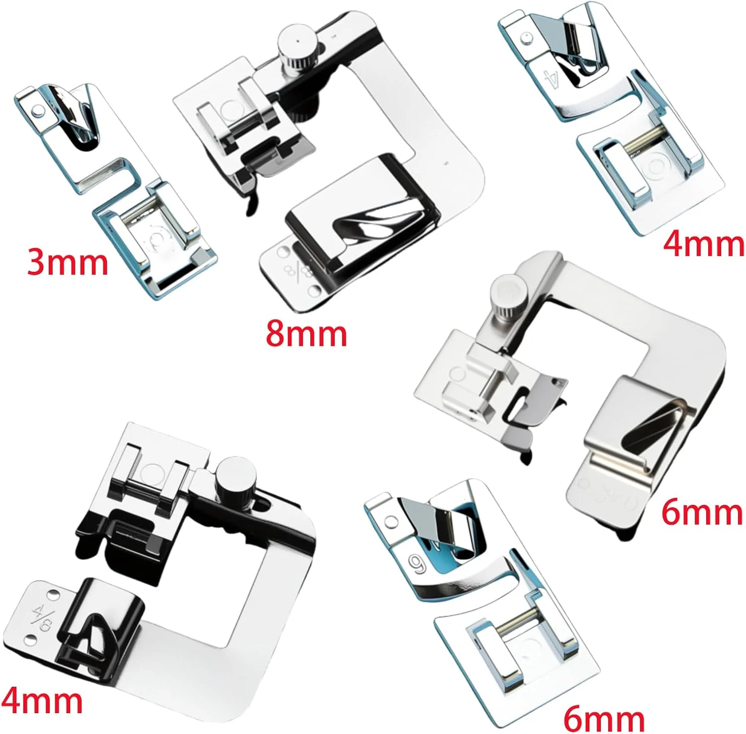 ست پایه لب تو (Hem) چرخ خیاطی، 3 عدد پایه باریک لب تو و 3 عدد پایه پهن به همراه 30 عدد سوزن