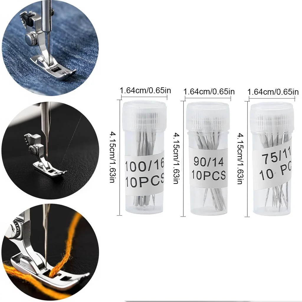 ست پایه لب تو (Hem) چرخ خیاطی، 3 عدد پایه باریک لب تو و 3 عدد پایه پهن به همراه 30 عدد سوزن