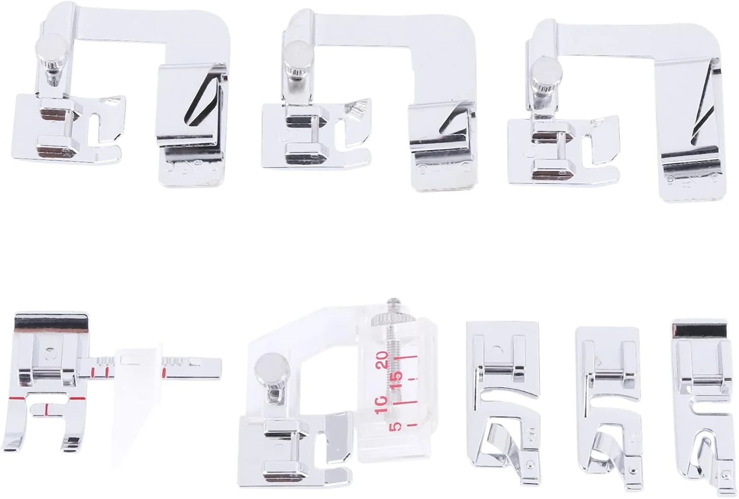 پایه های چرخ خیاطی، مجموعه 3 عددی پایه لب تو (1/2 اینچ، 3/4 اینچ، 1 اینچ)، به همراه 3 عدد پایه باریک لب تو و پایه راهنمای قابل تنظیم، پایه نوار اریب