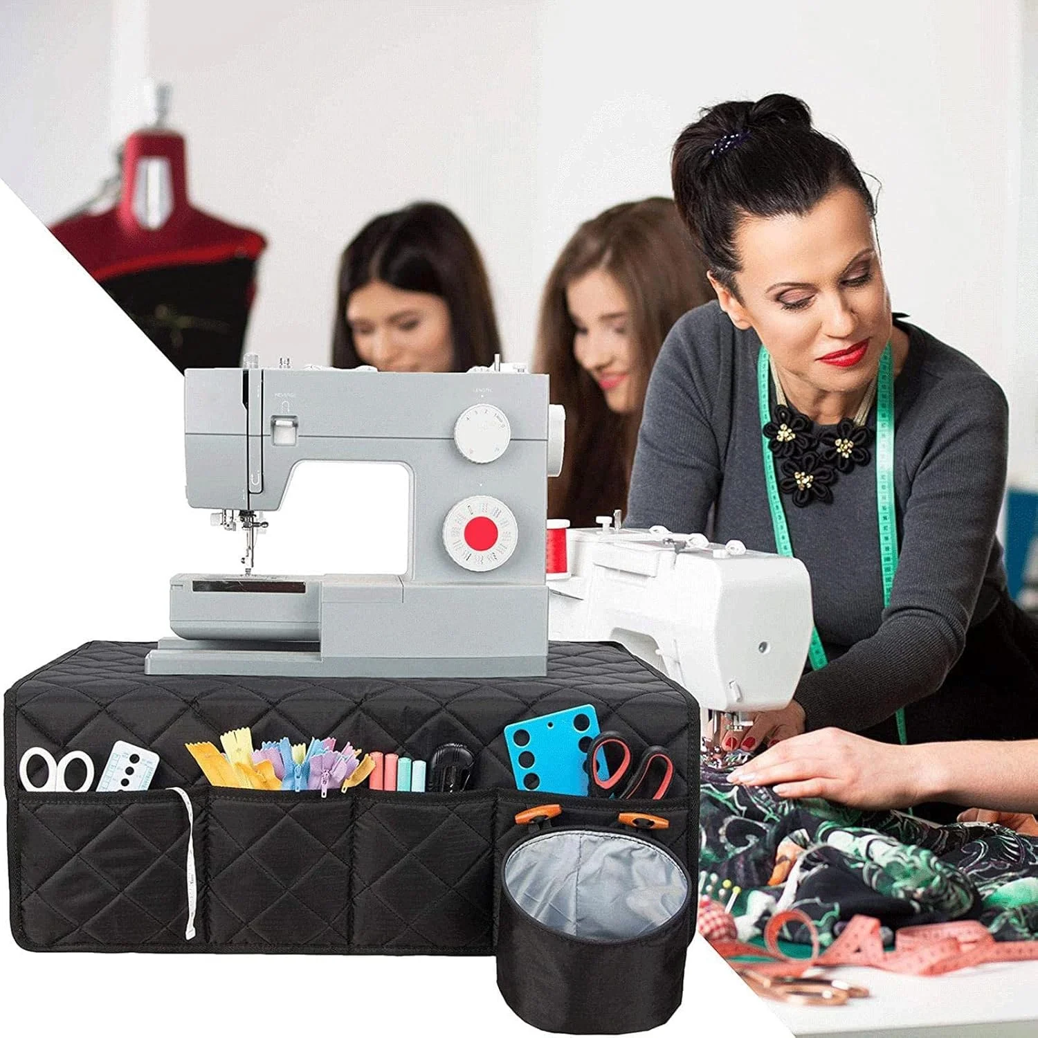 کیف نظم دهنده خیاطی - زیرانداز چرخ خیاطی برای میز، پد نگهداری خیاطی با جیب، تاشو آسان، برای نگهداری سوزن و قیچی، مشکی