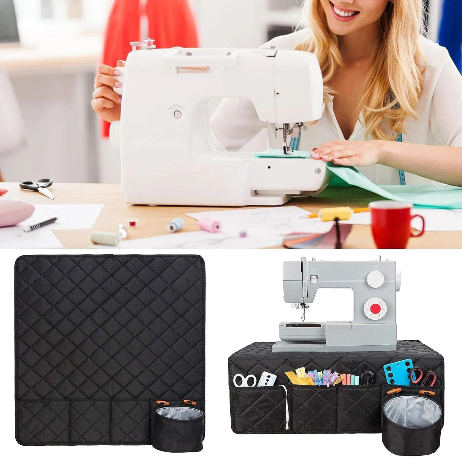 کیف نظم دهنده خیاطی - زیرانداز چرخ خیاطی برای میز، پد نگهداری خیاطی با جیب، تاشو آسان، برای نگهداری سوزن و قیچی، مشکی