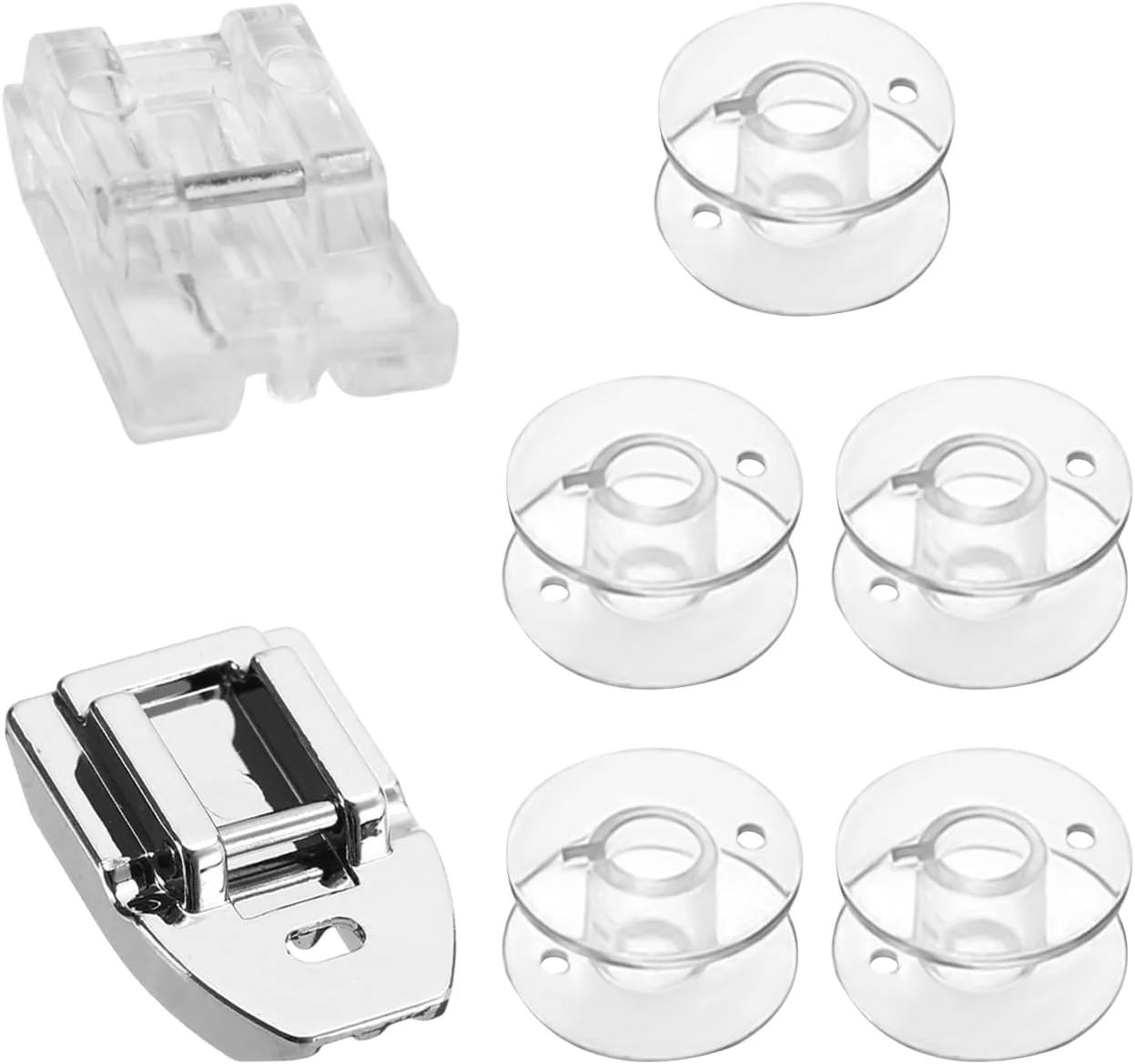 2 عدد پایه دوخت، 5 عدد ماسوره چرخ خیاطی، لوازم جانبی پایه دوخت، مجموعه پایه دوخت جهانی چرخ خیاطی، پایه ثابت چرخ خیاطی، پایه دوخت لبه شفاف