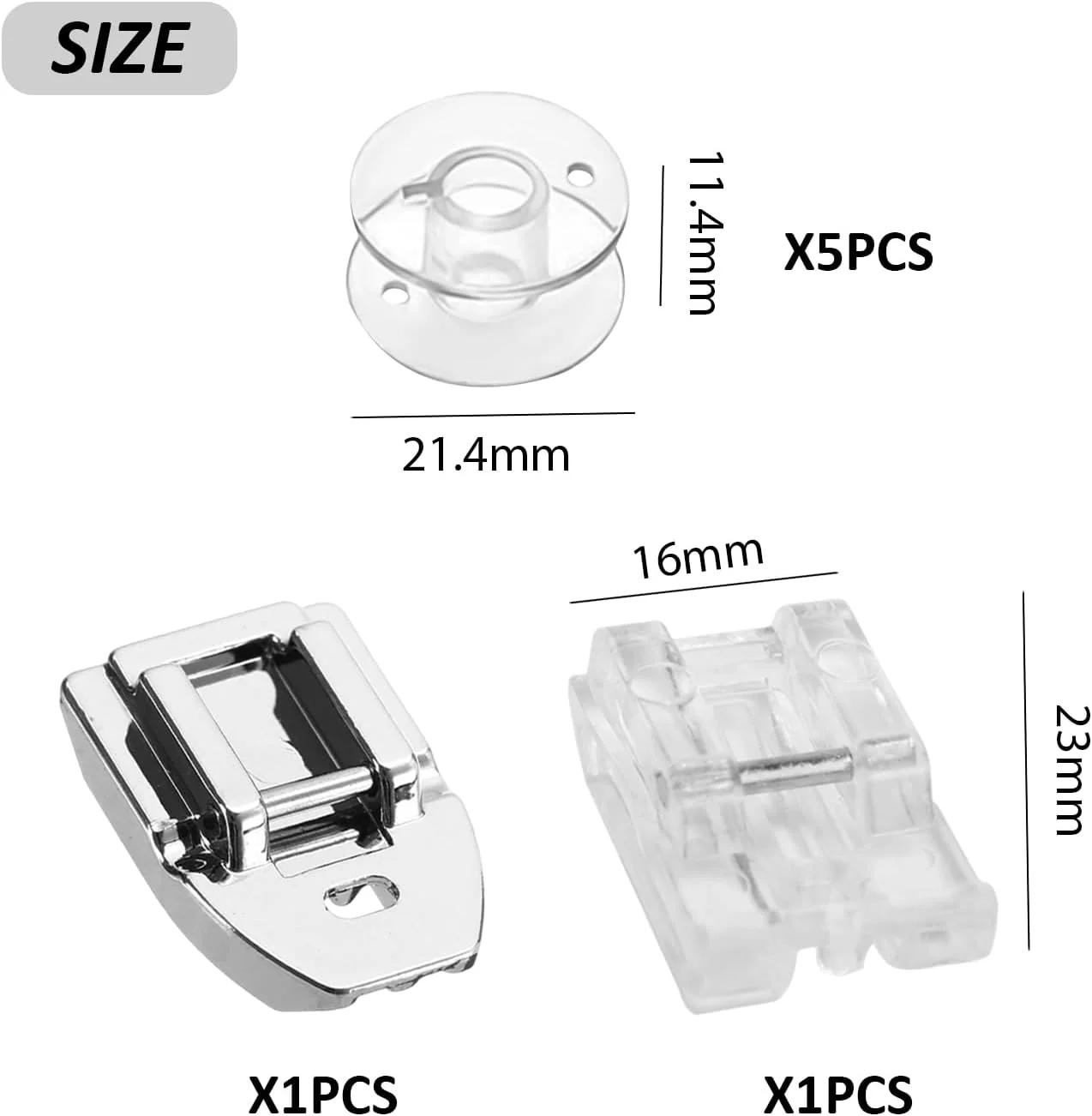 2 عدد پایه دوخت، 5 عدد ماسوره چرخ خیاطی، لوازم جانبی پایه دوخت، مجموعه پایه دوخت جهانی چرخ خیاطی، پایه ثابت چرخ خیاطی، پایه دوخت لبه شفاف