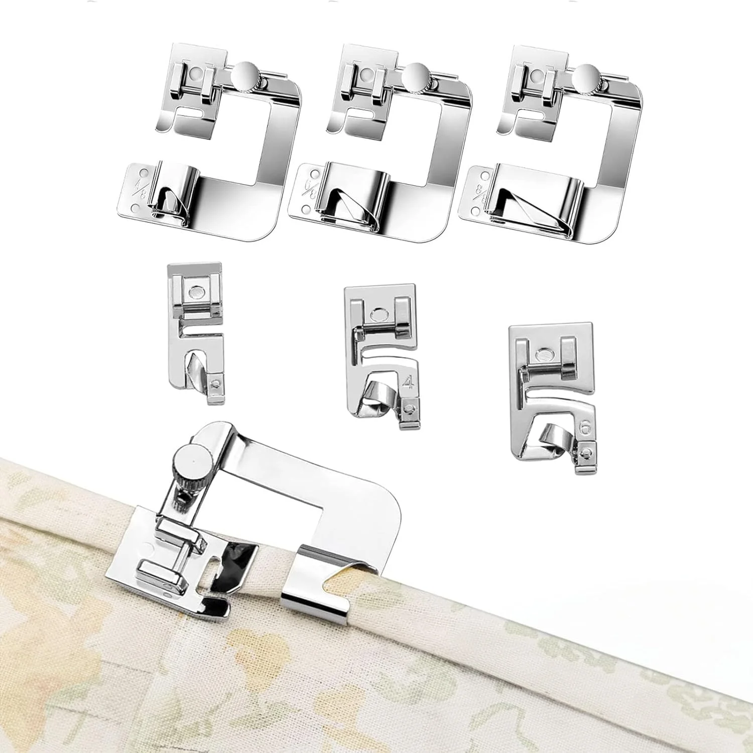 مجموعه 6 عددی پایه های چرخ خیاطی، پایه های فلزی استیل برای چرخ خیاطی، لبه دوزی، 3 عدد پایه برای لبه دوزی باریک (3/4/6 میلی متر)، 3 عدد پایه برای لبه دوزی پهن (4/8.6/8.8/8 اینچ)، لوازم خیاطی