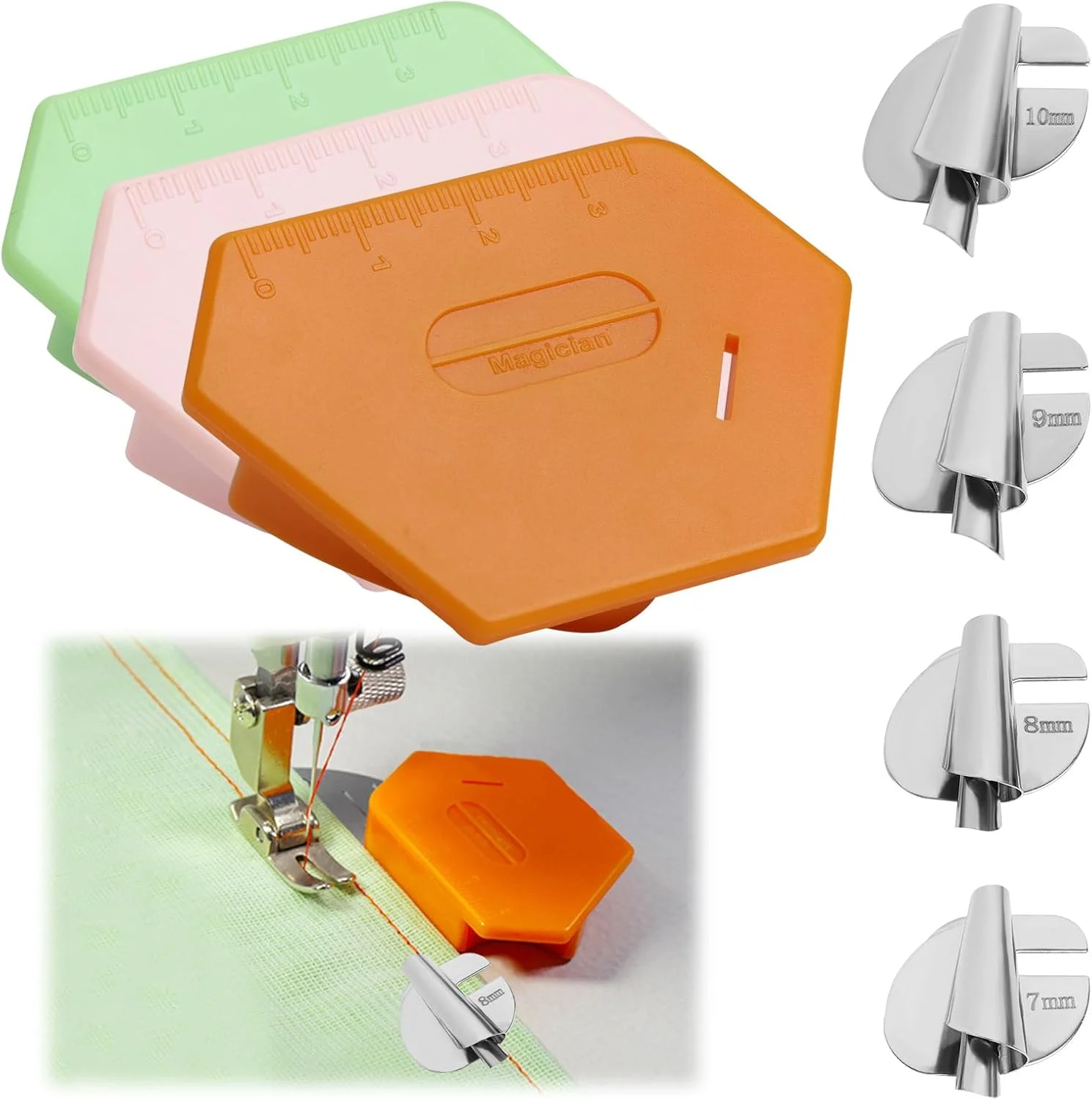 راهنمای درز مغناطیسی Sharelove برای چرخ خیاطی، لوازم جانبی چرخ خیاطی 3 عدد راهنمای درز چند وجهی چند منظوره راهنمای لبه با مقیاس 4 سایز ابزار خیاطی آهن ضد زنگ پایه لبه رول شده/7-10 میلی متر