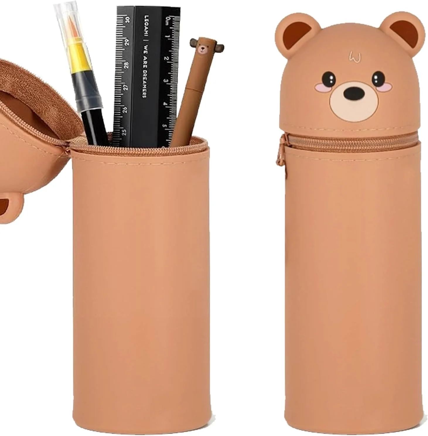 جامدادی سیلیکونی کاوایی، جامدادی ایستاده، جا قلمی رومیزی 2 در 1، کیف مداد، زیپ دار، کیف مداد رنگی، ماژیک، جامدادی طرح حیوانات، پاندا، کیف اداری، لوازم اداری، خرس قهوه ای