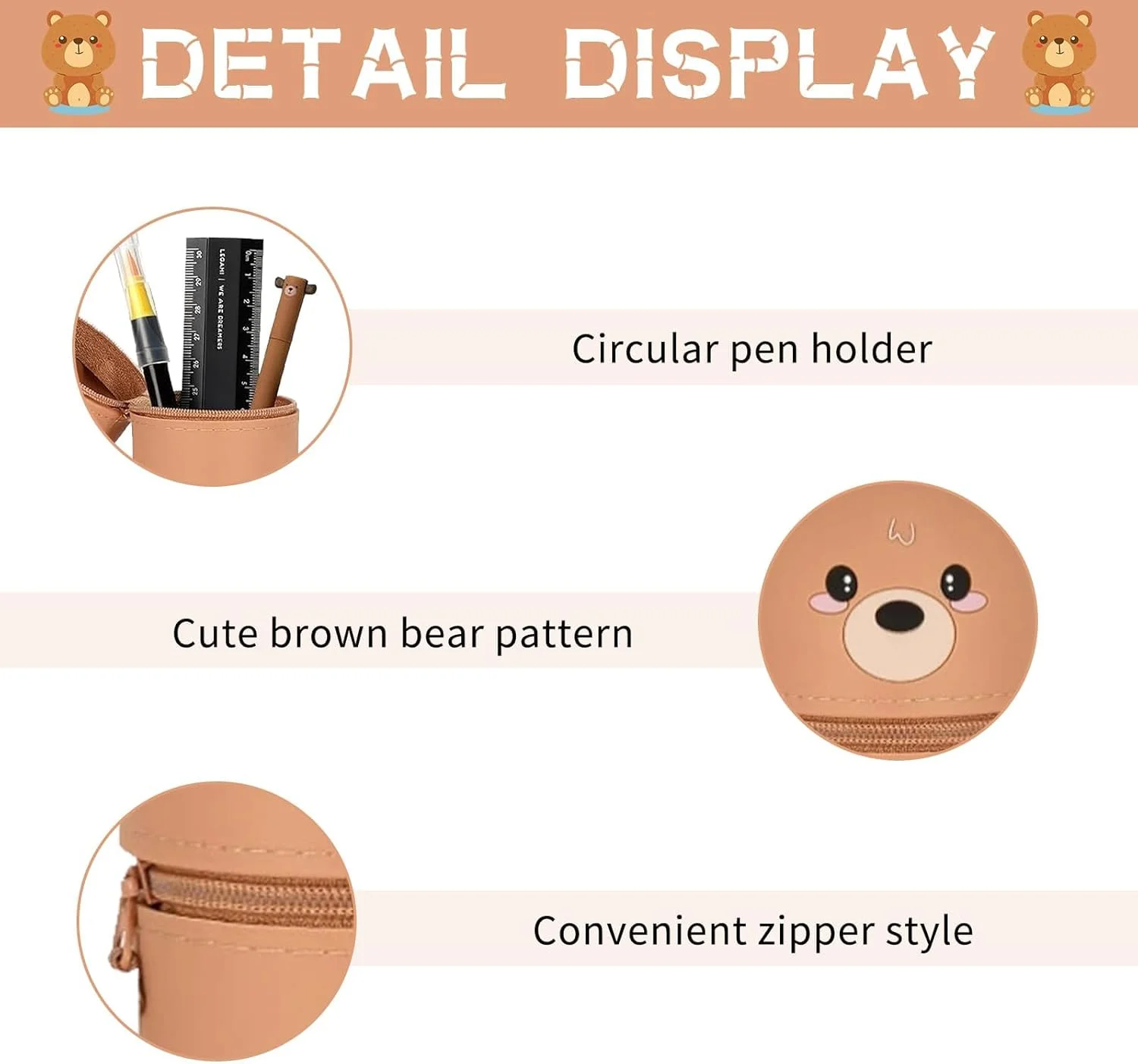 جامدادی سیلیکونی کاوایی، جامدادی ایستاده، جا قلمی رومیزی 2 در 1، کیف مداد، زیپ دار، کیف مداد رنگی، ماژیک، جامدادی طرح حیوانات، پاندا، کیف اداری، لوازم اداری، خرس قهوه ای