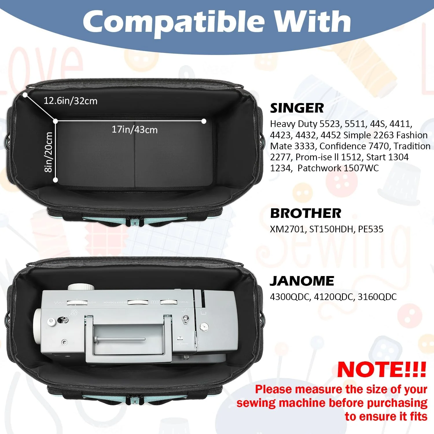 کیف چرخ خیاطی چرخ دار - کیف حمل چرخ خیاطی چرخ دار با پد زیرین جداشدنی و جیب های متعدد، سازگار با چرخ خیاطی های سینگر و برادر